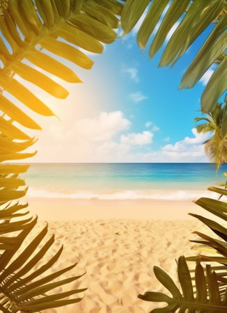 Generative AI : Summer background with frame nature of tropical golden beach with rays of sun light and leaf palm Golden sand beach closeup sea blue sky white clouds Copy space sumの素材