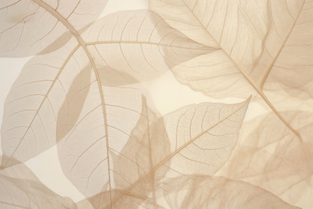 Generative AI : White transparent skeleton leaves with beautiful texture on a golden shiny abstract background blurred closeup macro Romantic gentle artistic image circular bokehの素材