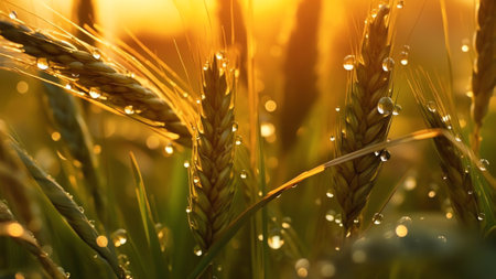 Generative AI : Water drops on a gold ripe wheat ear closeup macro in sunlight Wheat ear in droplets of dew in nature on a soft blurry golden and light green backgroundの素材