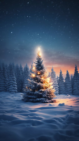 Generative AI : Merry Christmas and happy New Year greeting card background Winter landscape with snow and Christmas tree spruce in the forest under the snow in the morning toned bの素材