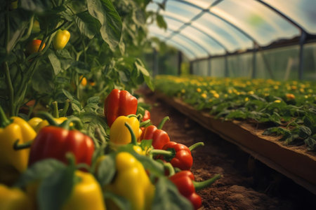 Generative AI : Young juicy green healthy beautiful plants of sweet pepper and tomato in a greenhouse Cultivation of vegetables in the greenhouseの素材