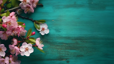 Generative AI : Spring floral background Flowering branch sweet cherry on turquoise vintage wooden background on nature closeup macro copy space rustic style pastel colorsの素材