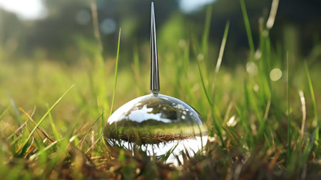 Generative AI : A beautiful large drop of dew on a blade of grass in the morning light Water drop in nature closeup macroの素材