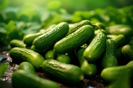 Generative AI : A lot of fresh beautiful young cucumbers in a white plastic bucket on the ground against a background of juicy green leaves harvesting of cucumbers in a greenhouseの素材