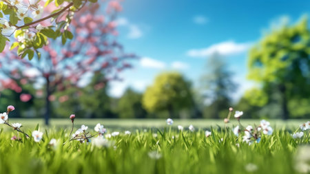 Generative AI : Beautiful blurred background image of spring nature with a neatly trimmed lawn surrounded by trees against a blue sky with clouds on a bright sunny dayの素材