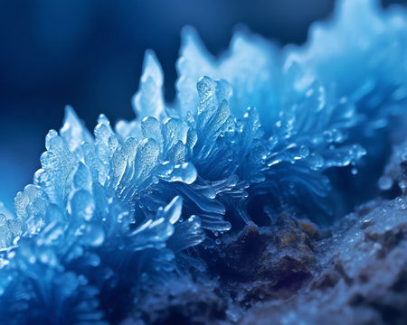 Generative AI : Beautiful fluffy texture of large flakes of snow crystals in sun outdoors nature on a sunny day Winter gorgeous blue snow cover closeup macroの素材