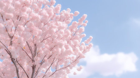 Generative AI : Artistic image of spring nature is frame of crowns of a blossoming sakura tree against a pink sky background Copy spaceの素材
