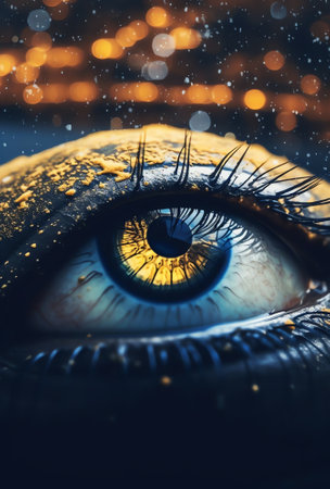 Generative AI : Beautiful open eye blue with frost or snow in the winter on the eyelashes a reflection of the golden city of skyscrapers in the eyes The idea of the concept for winの素材