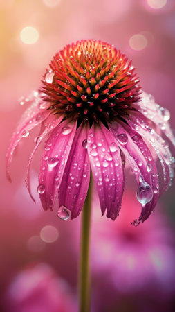 Generative AI : Beautiful pink daisy flower with blurry soft focus in grass on nature in the sunshine macro on toned gold and turquoise background A daisy flower in the summer mornの素材