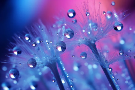 Generative AI : Beautiful large drops of morning dew in spring nature selective focus Drops transparent water on grass macro Bright artistic image in blue and purple tonesの素材
