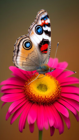Generative AI : Beautiful multicolored colorful butterfly on bright pink magenta flower daisy macro on blue background in spring Amazing unusual artistic image of the beauty of livの素材