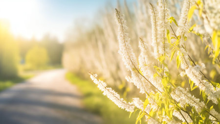 Generative AI : Branches of a flowering tree on background of spring nature Park with beautiful sunlight and green foliage Selective soft focusの素材