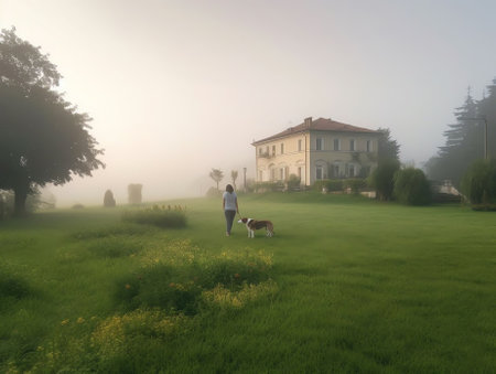 Generative AI : Beautiful summer natural landscape with lawn with cut fresh grass in early morning with light fog Panoramic spring backgroundの素材