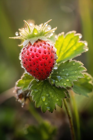 Generative AI : A flower of strawberry with drops of dew water and insects in forest macroの素材