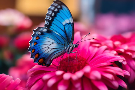Generative AI : Beautiful multicolored colorful butterfly on bright pink magenta flower daisy macro on blue background in spring Amazing unusual artistic image of the beauty of livの素材