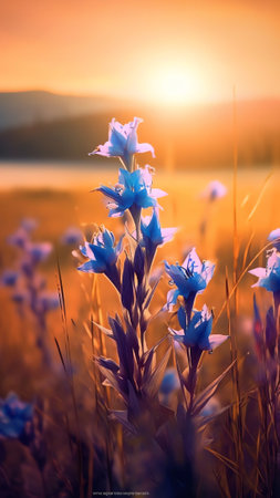 Generative AI : Beautiful summer colorful rustic pastoral landscape panorama Tall flowering grass on green meadow at sunrise or sunset with beautiful announcement against blue skyの素材