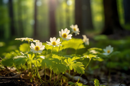 Generative AI : Beautiful white flowers anemones in spring and shining bright sun in nature in forest Spring morning forest landscape with flowering primroses soft selective focusの素材