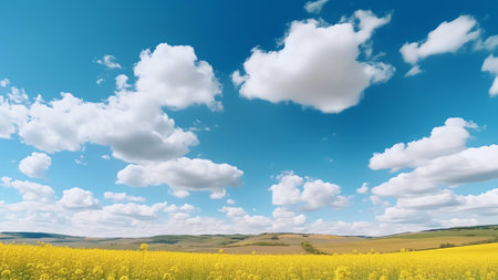 Generative AI : Beautiful bright colorful natural rural panoramic landscape with yellow rapeseed field against blue sky with clouds on sunny spring summer dayの素材