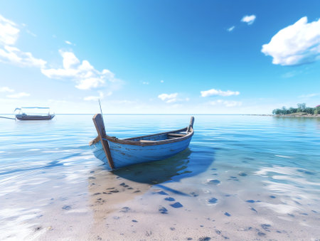 Generative AI : Beautiful summer landscape of tropical island with boat in ocean Blue sky and bright sun Transition of sandy beach into turquoise waterの素材