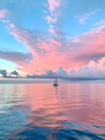 Generative AI : Beautiful natural landscape of coast of a tropical beach with a boat in ocean at sunset with beautiful pink cloudsの素材
