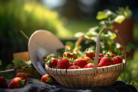 Generative AI : Beautiful ripe strawberries in a basket on the floral lawn in the sun outdoors in the summer Beautiful blurred backgroundの素材