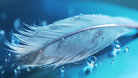 Generative AI : A beautiful gentle transparent natural background with a light blue feather in droplets of water macro Template for textの素材