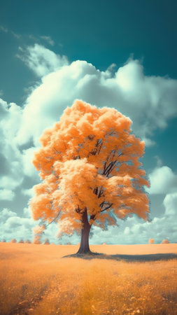 Generative AI : Beautiful maple tree in autumn Park on bright evening sun at sunset against blue sky with clouds Autumn natural landscape vintage colorsの素材