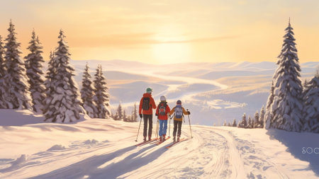 Generative AI : Beautiful winter landscape with snow forest snowcovered fir trees blue sky and walking children with parents in shining sunny day Wide panorama formatの素材