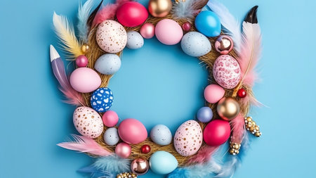 Generative AI : Colorful multicolored blue white yellow easter eggs and white feathers on light blue wooden table Easter background border for congratulations with copy spaceの素材