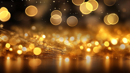 Generative AI : Festive abstract defocused Christmas background Golden Christmas lights sparkle beautiful round bokeh wide banner format copy spaceの素材