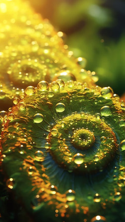 Generative AI : Natural background with two curls of plants and water droplets on a green and yellow macro background Beautiful gentle pure artistic image of natureの素材