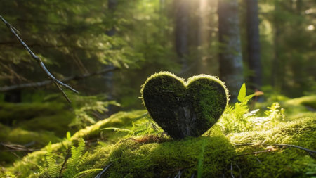 Generative AI : Silhouette of a heart in the foliage of trees Two beautiful textured tree trunks with green juicy leaves in the rays of sunlightの素材