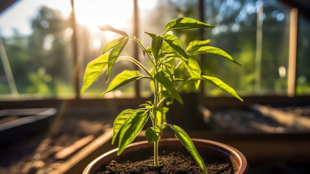 Generative AI : Young juicy green plants of sweet Bulgarian pepper in a greenhouse on the sun closeup with perspective Beautiful seedlings of sweet pepper with fresh leavesの素材