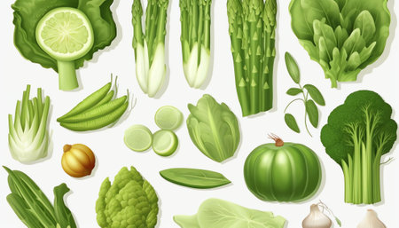 Generative AI : Set of slices of vegetables isolated on white background top view design for vegetable menu Tomat green onion cucumber sweet pepper zucchini Peking cabbage caulifloの素材