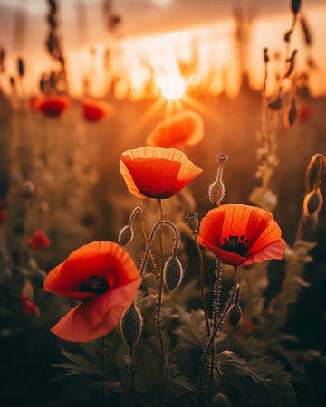 Generative AI : Bright red poppies glow at sunset Poppy flowers in evening light in natureの素材
