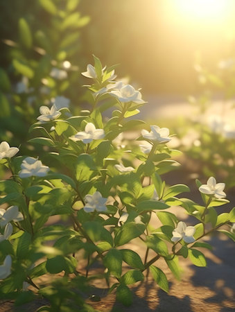 Generative AI : Small cute fresh white flowers in a spring field on nature in green and yellow tones in the rays of sunlight with soft focus closeup macroの素材