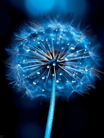 Generative AI : Dandelion flower in droplets of water dew on a blue colored background with a mirror reflection of a macro beauty of nature bright abstract artistic imageの素材