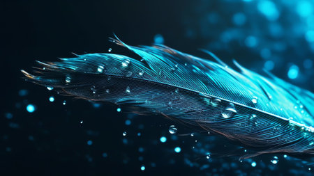 Generative AI : Feather of a bird in droplets of water on a dark background macro Silhouette of a blue and white feather abstract artistic image for designの素材