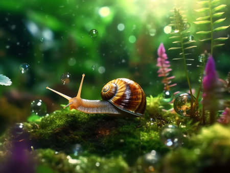 Generative AI : Snail on mushrooms in the forest Snail magic in the forestの素材
