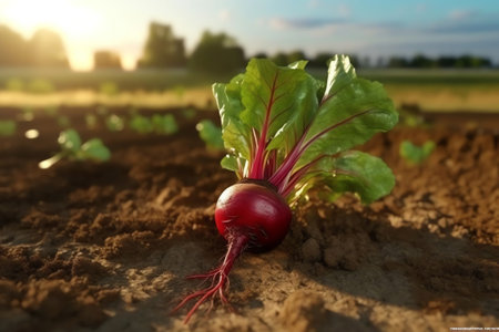 Generative AI : Fresh unwashed beets on the ground Group of three beets with green leaves on the background of the earth closeupの素材