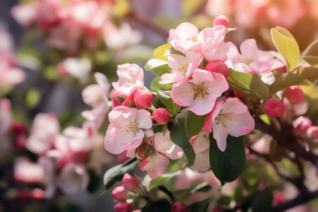 Generative AI : Flowering apple tree in spring closeup macro outdoors against the backdrop of nature in the sun with soft focus Blooming garden in springの素材