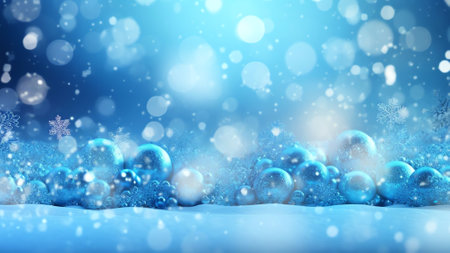 Generative AI : Winter snow background with snowdrifts with beautiful light and snow flakes on the blue sky beautiful bokeh circles banner format copy spaceの素材