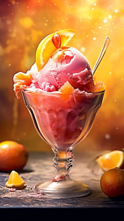 Generative AI : Sweet refreshing summer food concept Summer ice cream fruit ice yellow orange and red colors and slices of ice close up macro A colorful refreshing summer treatの素材