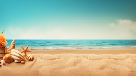 Generative AI : Summer background waves with white foam blue ocean sea Golden sunny sandy beach and sand turtle in resort Wallpaper backdrop for a summer vacationの素材