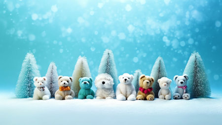 Generative AI : Merry Christmas and happy new year A festive creative cheerful funny composition Toys Snowman and dogs playing snowballs on a blue wooden backgroundの素材