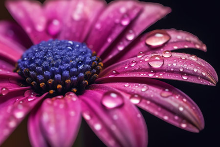 Generative AI : Water drops on the petals of a yellow gerbera flower closeup in nature on purple violet background with selective soft focusの素材