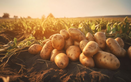 Generative AI : Fresh organic potatoes in the field Background many large potatoes in the basket and green leaves on the groundの素材