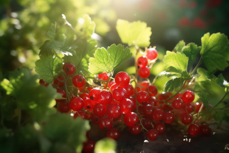 Generative AI : Juicy fresh ripe berries of a red currant on a branch in nature outdoors closeup macro soft focus Beautiful berries redcurrant with leaves on a light green naturalの素材