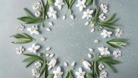 Generative AI : Spring natural floral background Green frame of white forest flowers snowdrops primrose in nature closeup Spring template with empty space for textの素材