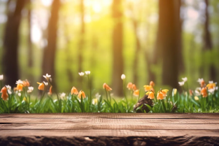 Generative AI : Spring floral background Green frame of white forest flowers primrose in nature and wooden blue boards Texture of fresh forest greenery in morning outdoors with copの素材